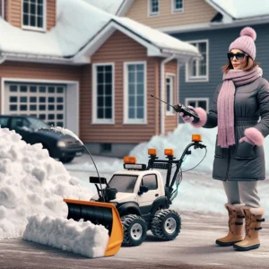 Mom with a remote-controlled toy snow pusher