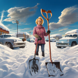 Mom versus snow shovel, mom standing tall