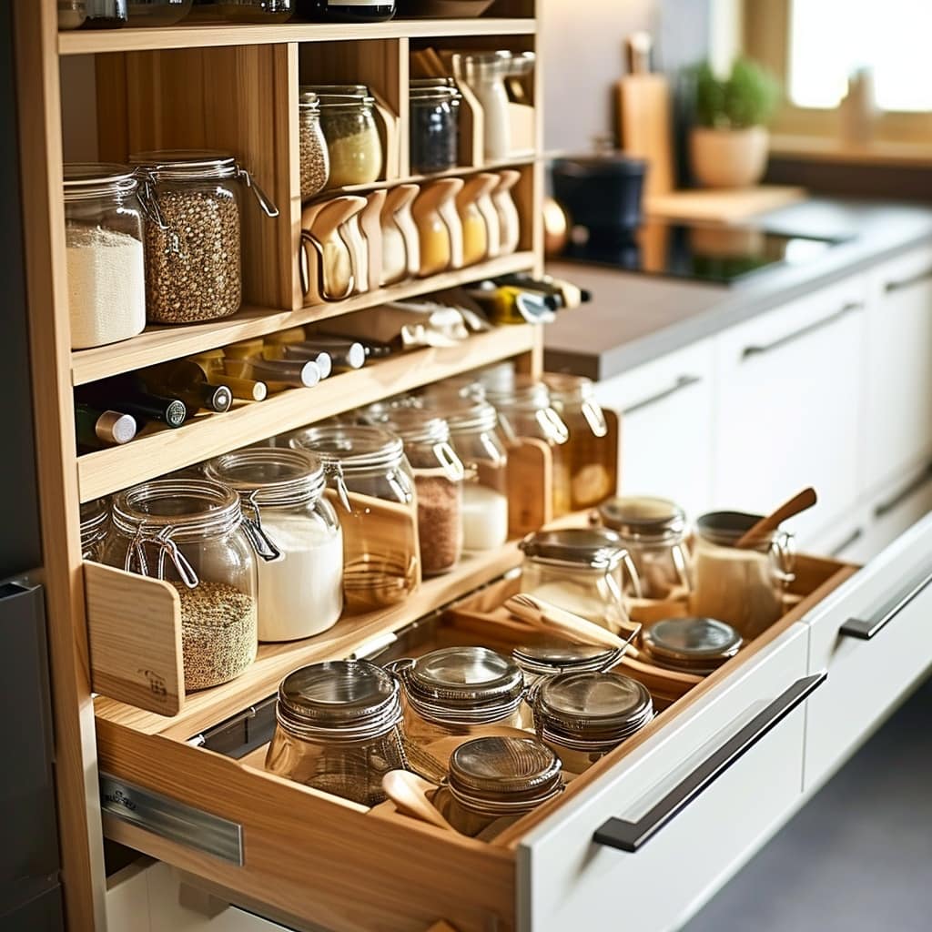 Kitchen storage solutions that blend functionality and style, featuring jars of dry goods and a chic wine rack