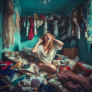 Woman in a very messy bedroom and clearly stressed