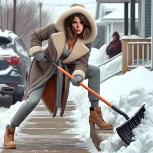 Woman aggressively clears the snow from the pathway