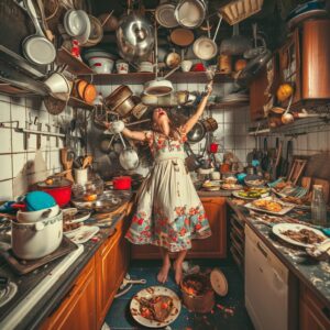 Woman in a floral dress overwhelmed by a messy kitchen with cooking utensils and food strewn about in disorganized mayhem.