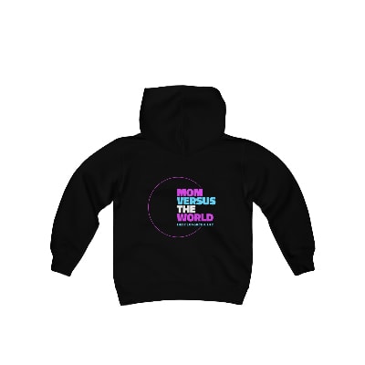 Official Mom Versus The World Youth Hoodie Sweatshirt, available in BL, Grey, or Pink with front and back design