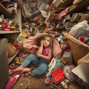 Young girl sitting in a cluttered room, the chaos reflecting on mental health.