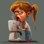 Caricature of a woman grimacing at a coffee maker, indicating a bad taste."
