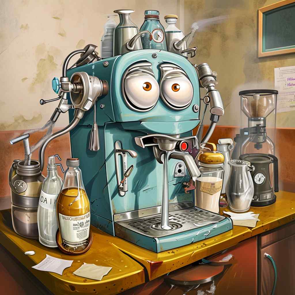 An animated, anthropomorphic espresso machine with wide eyes looks exhausted or overwhelmed amidst an array of coffee-related items, including a grinder, a milk jug, and bottles labeled possibly as descalers.