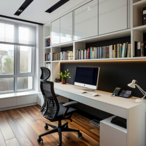 Modern home office with creative cabinets and organized shelving for a clean and functional workspace.