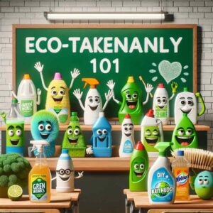 An array of animated cleaning products with cheerful faces in a classroom setting, with 'eco-takenanly 101' written on the chalkboard
