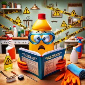 A worried-looking cartoon bottle of yellow cleaner wearing safety goggles and gloves, reading a 'health and safety considerations' manual, surrounded by various cleaning supplies and caution signs in a kitchen.