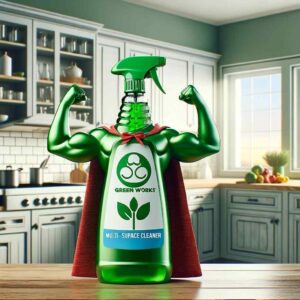 A strong, anthropomorphic green cleaning bottle flexing muscles in a kitchen, showcasing its power to clean effectively.