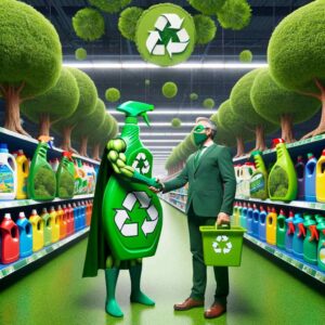A cartoonish green cleaning bottle character wearing a cape and safety gloves shaking hands with a person dressed in a green suit, in an aisle surrounded by eco-friendly products.