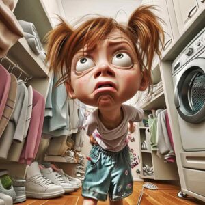 Una niña de dibujos animados se encuentra sorprendida en un cuarto de lavado desaliñado, rodeada por un revoltijo de ropa y zapatos, que representa el caos humorístico del intento de papá de limpiar la ropa blanca en primavera.