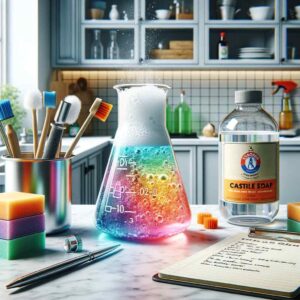 Vibrant erlenmeyer flask bubbling with a rainbow of diy cleaning solution on a kitchen counter with brushes and castile soap.
