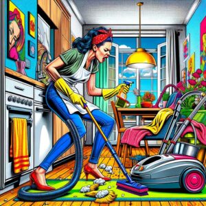 Energetic woman in a blue and white dress with yellow gloves vacuums her vibrant living room, pop-art style.