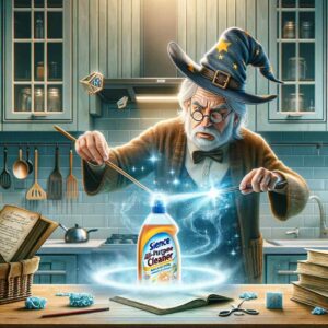 An elderly wizard with a starry hat magically enchants a bottle of 'science all-purpose cleaner' in a cozy kitchen setting.