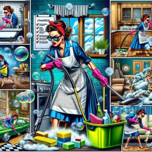 Colorful pop-art depiction of a multitasking woman, donning a blue dress and red headband, engaging in an energetic deep cleaning session in a kitchen brimming with activity.