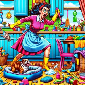 energetically cleaning her dog's pet beds in a vibrant, pop-art style
