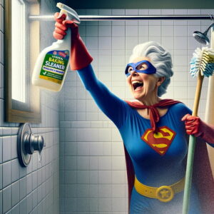 Grandma superhero with her eco-friendly homemade shower cleaner 