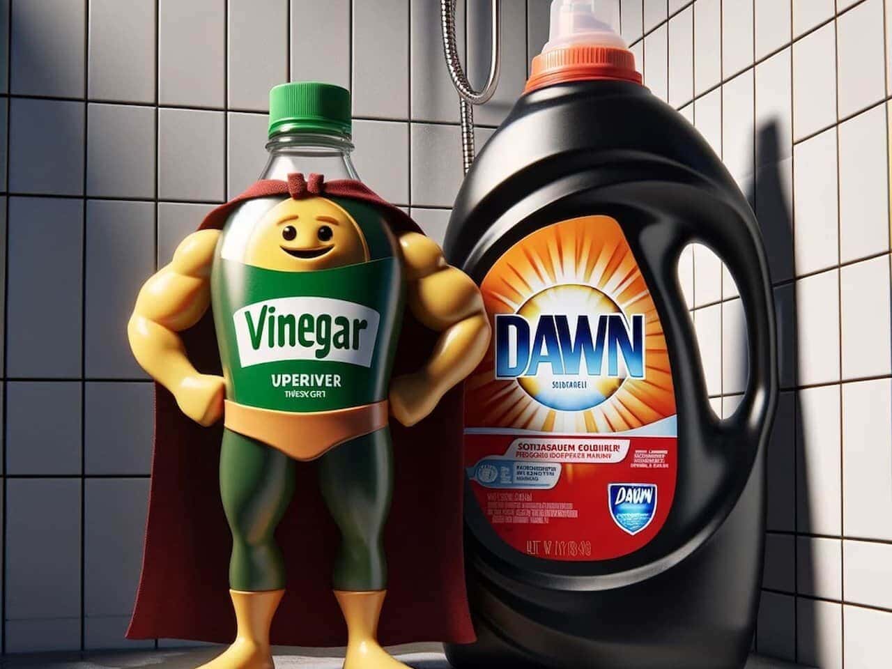 Dawn and vinegar shower cleaner is depicted Anthropomorphic Dawn dish detergent and vinegar bottles with superhero capes standing in a shower, representing a homemade cleaning solution for battling bathroom dirt and grime.