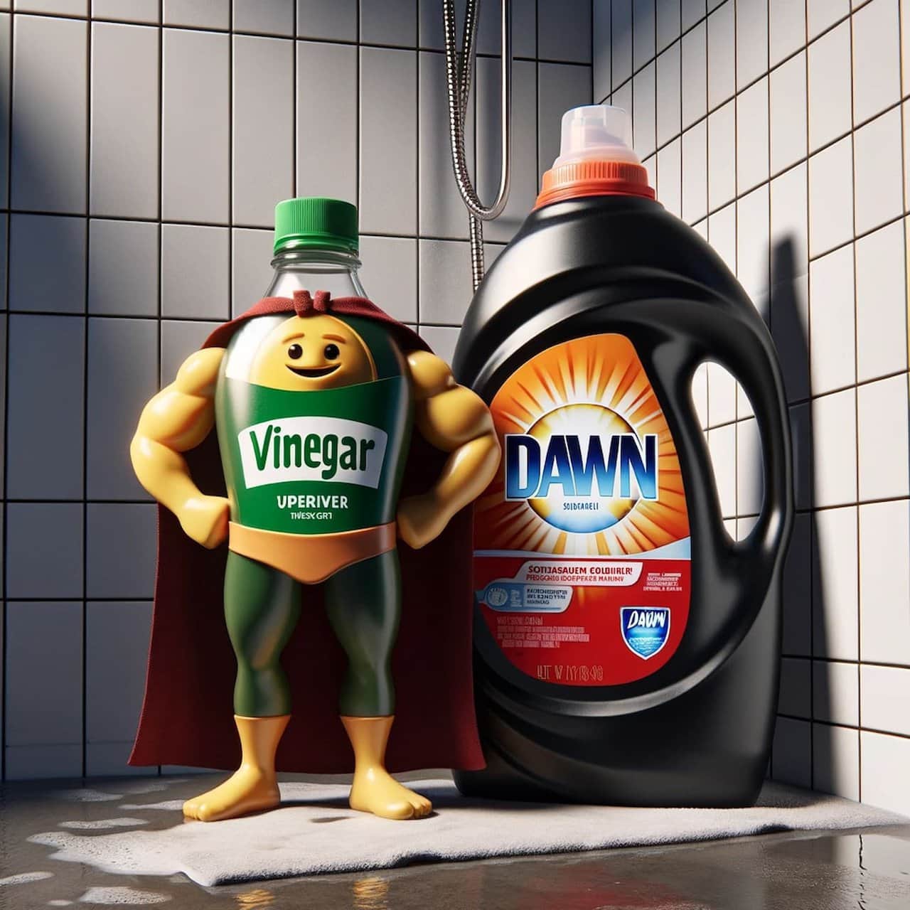 Dawn and vinegar shower cleaner is depicted Anthropomorphic Dawn dish detergent and vinegar bottles with superhero capes standing in a shower, representing a homemade cleaning solution for battling bathroom dirt and grime.