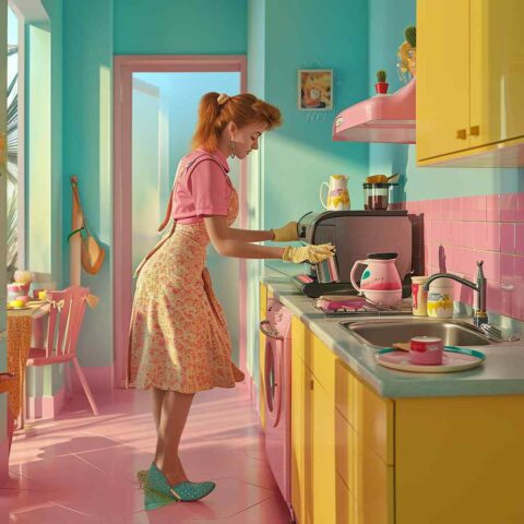 Retro-styled woman cleaning a modern coffee machine in a vibrant kitchen.