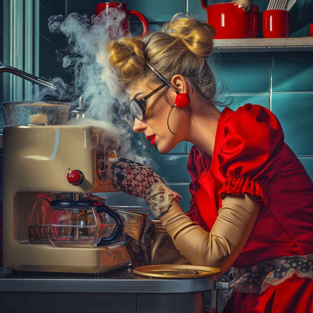 Stylized woman in a red dress inhaling the aroma of freshly brewed coffee from a machine