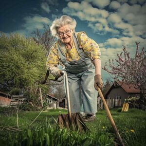 Elderly woman with shovel and watering can, representing dedication to spring yard cleanup.