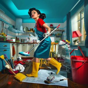 A determined woman in a teal apron and yellow boots stands in a retro-styled kitchen, poised with a broom over a scattered array of colorful cleaning supplies, embodying the essence of a deep cleaning session with a whimsical twist.