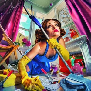 Woman in a blue and yellow outfit engages in window washing, with a comedic and exaggerated pop-art backdrop