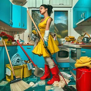 A retro pop-art styled woman in a blue apron cleans her kitchen, surrounded by a delightful display of bubbles and cleaning tools.