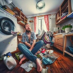 Adult overwhelmed by clutter, needing a mental health and cleaning session.