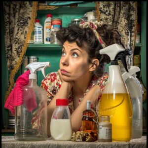 Pensive woman surrounded by an assortment of diy cleaning bottles, pondering over her next cleaning adventure.
