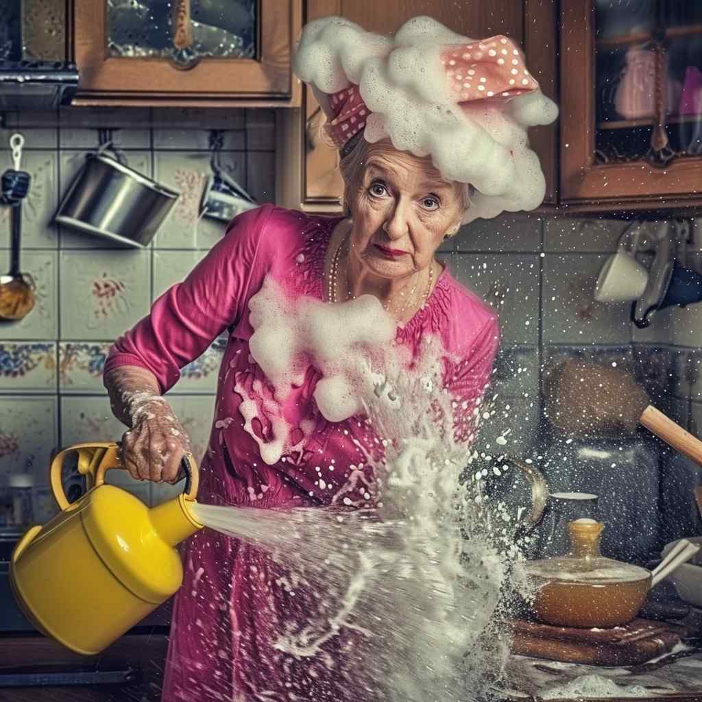 Elderly woman in a pink dress and whimsical chef's hat caught off guard as her yellow watering can releases an overzealous torrent of water and bubbles, turning her kitchen into a soapy wonderland from DIY all-purpose cleaner