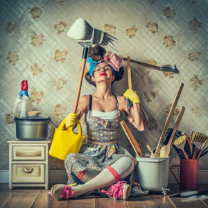 A woman poised with cleaning tools, representing mental health and the empowerment of spring cleaning.
