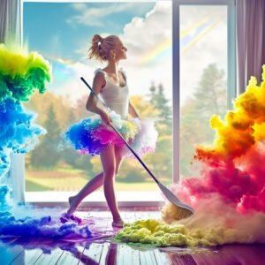 Woman cleaning with colorful dust around, symbolizing joy in mental health and cleaning.