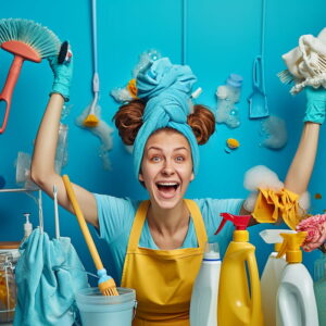 Ecstatic woman with cleaning supplies, capturing the positive mental health impact of spring cleaning.