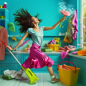 Woman dancing while spring cleaning, showcasing the mental health benefits of an organized home.