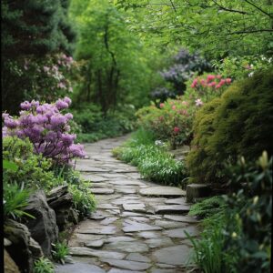 Picturesque garden path for seniors, a showcase of spring's bloom after meticulous yard cleanup.