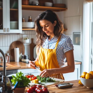 Attractive mom in yellow apron enjoying meal prep with fresh vegetables on a sunny day in a modern kitchen.