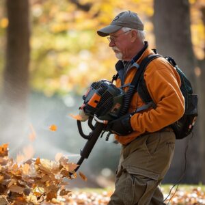 Senior-friendly leaf blower in action, aiding in efficient yard cleanup.