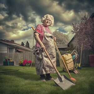 Senior woman ready for yard cleanup, standing with a shovel in a blooming spring garden.