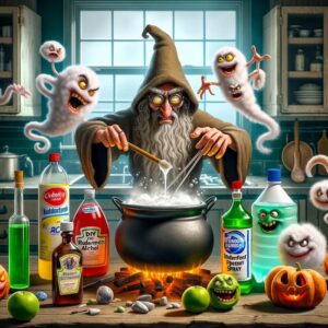 A wizard mixing a cauldron of homemade disinfectant with playful germ characters floating around.