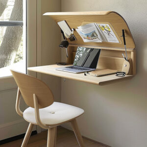 Part of our pictures of spring cleaning collection shows a compact and clean home office setup with wall-mounted desk and storage, ideal for spring cleaning and organization.