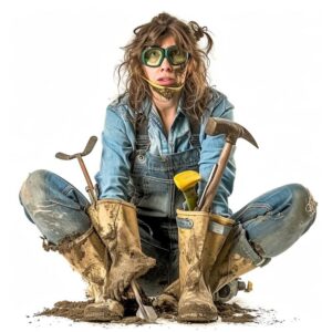 Over-geared diyer with a comical expression amidst garden tools, perfect for spring cleaning pictures with a twist of humor.