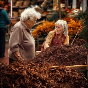 Two elderly women selecting mulch for yard cleanup at a garden center, illustrating senior community engagement in spring gardening activities.