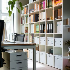 Neatly arranged cubicle shelving in a bright home office, showcasing effective Home office organization.