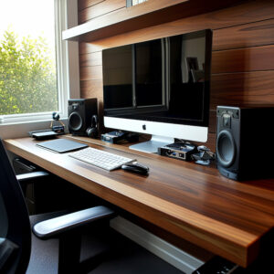 Contemporary home office with a minimalist wooden desk and well-organized tech gadgets.
