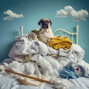 Un pug parece desconcertado rodeado por un desorden de ropa de cama y ropa blanca y amarilla, con una escoba sobre una cama, frente a un fondo divertido con nubes, que simboliza el caos de la limpieza de primavera.