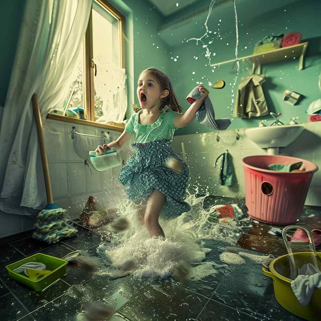 Divertida imagen de un niño en un lavadero desordenado, representando el caos de la limpieza de primavera con la familia.